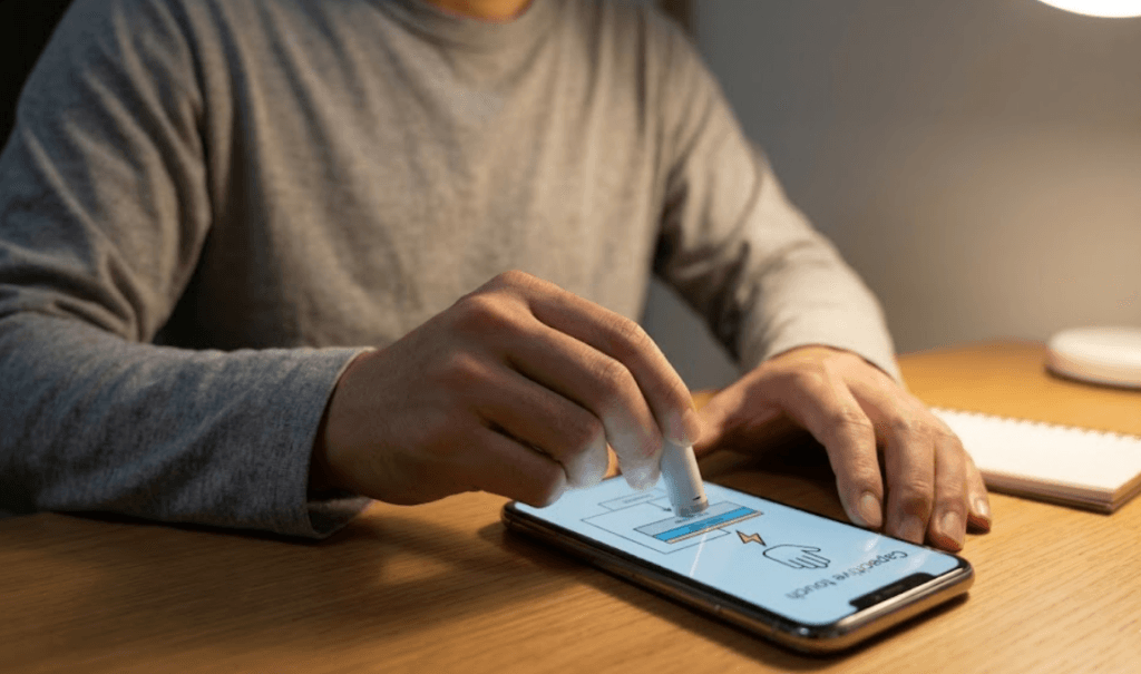 スマホの静電容量方式画面に乾電池のマイナス極を接触させる様子。指の静電気が金属を伝わる仕組みのデモンストレーション。