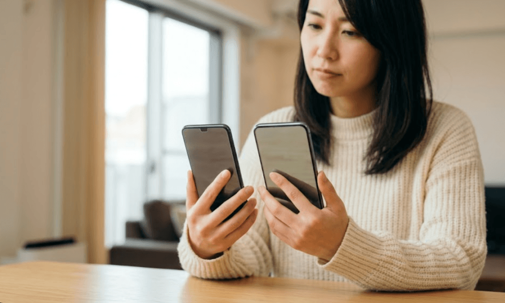 PETフィルムと強化ガラスフィルムを貼った2台のスマホを比較する日本人女性。保護フィルムの厚みが自作タッチペンの感度に与える影響を確認。