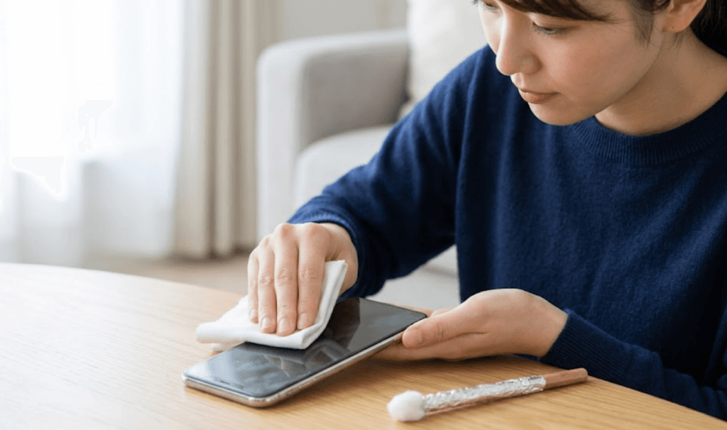 自作タッチペンを使用する前にスマホ画面をクリーナーで拭く日本人女性。画面の傷を防ぐための清掃とペン先のクッション性の重要性。