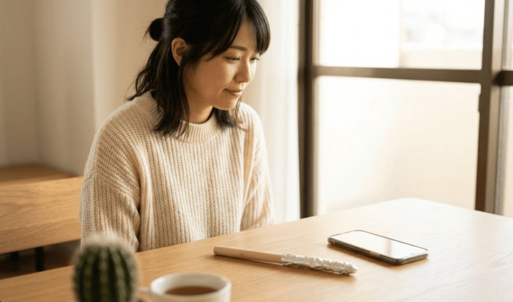 自作のアルミホイルタッチペンとスマホを交互に見つめる日本人女性。身近な素材で困ったを解決するガジェット活用術の振り返り。