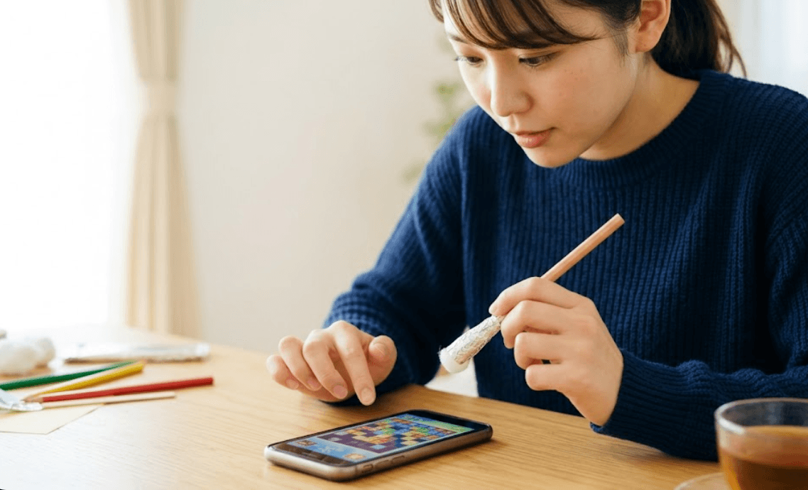 スマホゲームの細かい操作を、自作のアルミホイルタッチペンで試そうとしている日本人女性。身近な日用品を活用するシーン。