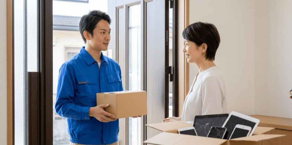 宅配業者に、古いタブレットやスマートフォンが詰まった段ボール箱を渡す日本人女性。自宅の玄関先での様子。