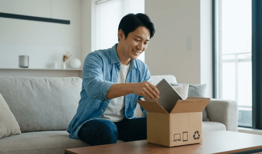 古いタブレットの処分を終え、スッキリとした表情でソファに座る日本人男性。デスクの上はきれいに片付いている。