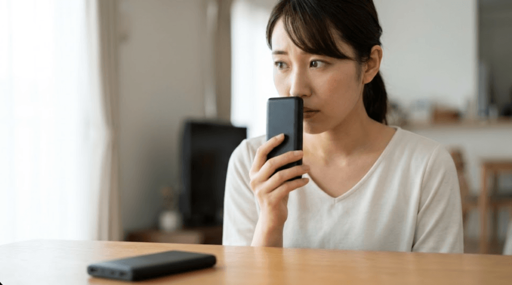 木目のテーブルに座り、黒いモバイルバッテリーを鼻に近づけて、真剣な表情で異臭がしないか匂いを確認している20代の日本人女性。