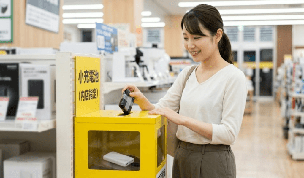 家電量販店の店内に設置された、黄色いリサイクルBOXの投入口に、ビニールテープで絶縁した不要な黒いモバイルバッテリーを丁寧に入れている日本人女性。