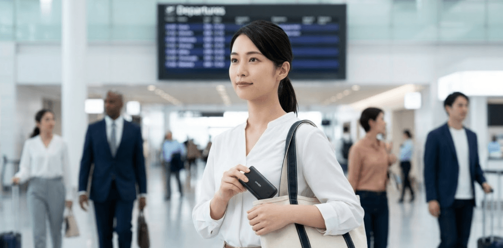 空港ターミナルで、機内持ち込み用のトートバッグにモバイルバッテリーをしまう日本人女性。旅行の準備が整っている。