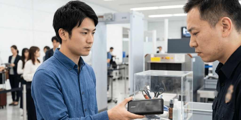 国際空港の保安検査場で、日本人旅行者が保安検査員に、容量表記が擦れて読めなくなった古い黒いモバイルバッテリーを没収されそうになっている。