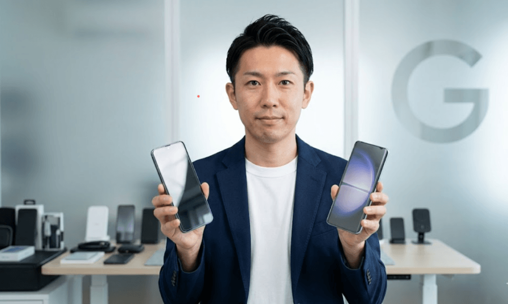 スマートフォンのガラスフィルムとPETフィルムの両方を持ち、ユーザーにアドバイスを送るGadget Frontier運営者のHAYATE(日本人男性)。