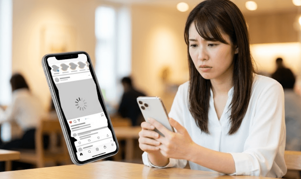 カフェでスマートフォンの画面がカクつき、困った表情を浮かべる日本人女性。画面には読み込み中のアイコンが表示されている。