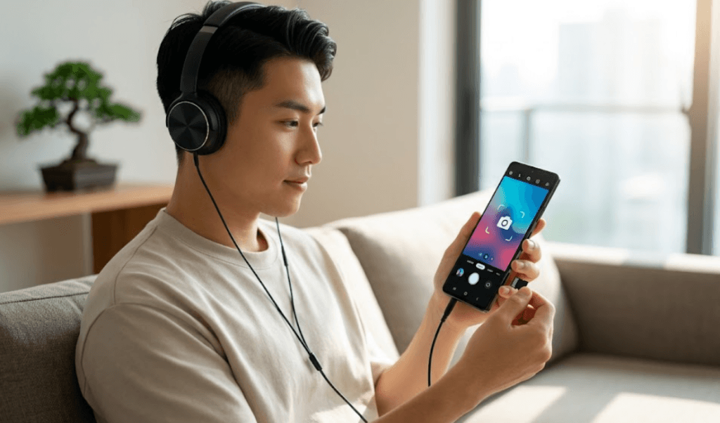 21:9の縦長画面Xperiaを操作し、有線イヤホンとmicroSDカードを使用する日本人男性