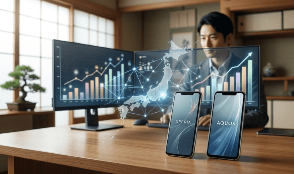 日本メーカーのスマートフォン（XperiaとAQUOS）が並ぶデスクと、背景の日本の地図と市場データを示すデジタルグラフ