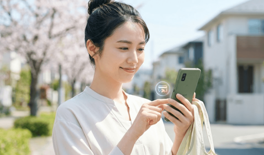 省エネIGZOディスプレイを搭載したAQUOS wishを手に、買い物袋を持つ笑顔の日本人女性