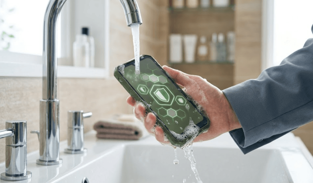 泡と水で丸洗いされる丈夫なarrows We2スマートフォンと、背景の清潔な洗面所