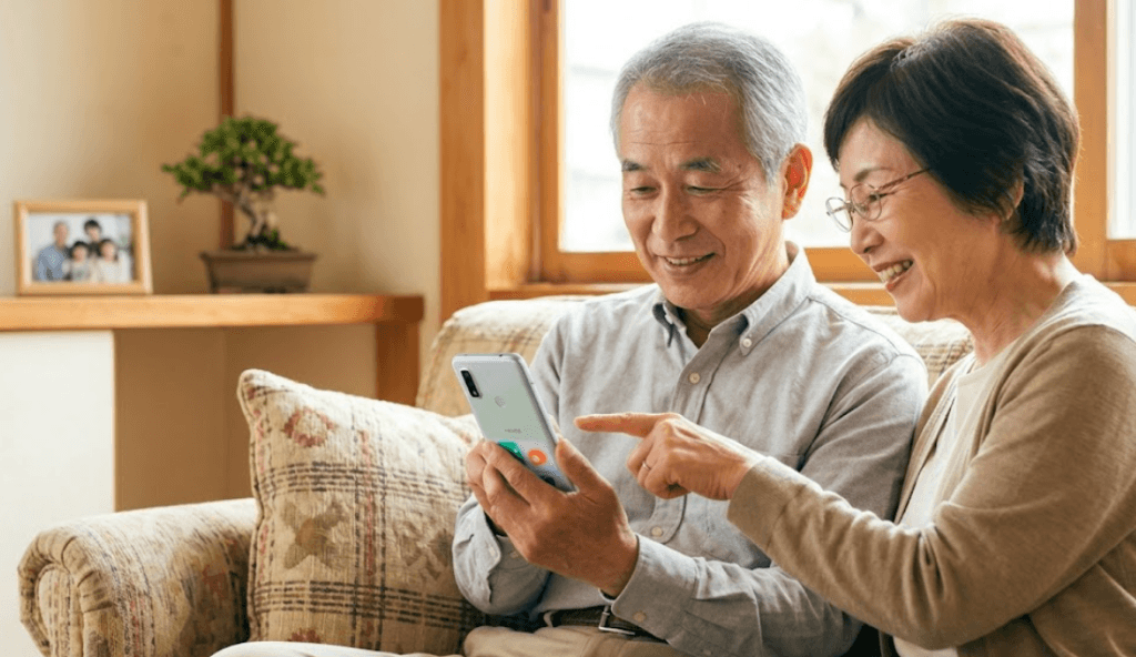 「かんたんモード」の大きなアイコンが表示された日本メーカーのスマホを操作する、笑顔のシニア日本人夫婦