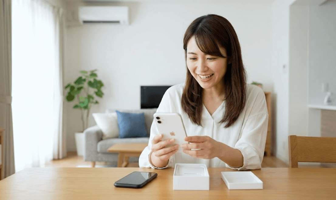 新しいスマートフォンを嬉しそうに開封する日本人女性の様子。機種変更のワクワク感を表現。