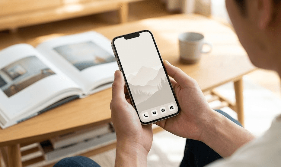 静かな室内で、日本人男性がスマートフォンのホーム画面を確認している。画面には、お気に入りの風景の壁紙を背景に、画面下部のドックにのみ最小限のアプリアイコンが配置されている。