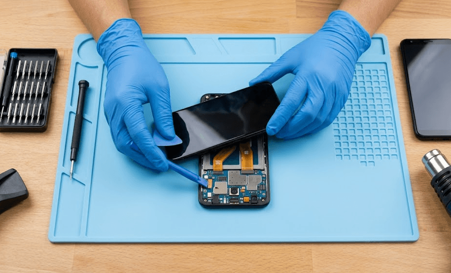 静電防止マット上で、ヒートガンで温めたAndroidスマートフォンの背面ガラスパネルを、アジア人作業員がプラスチック製のスパッジャーを使って慎重に剥がす様子。内部構造が見え始めている。