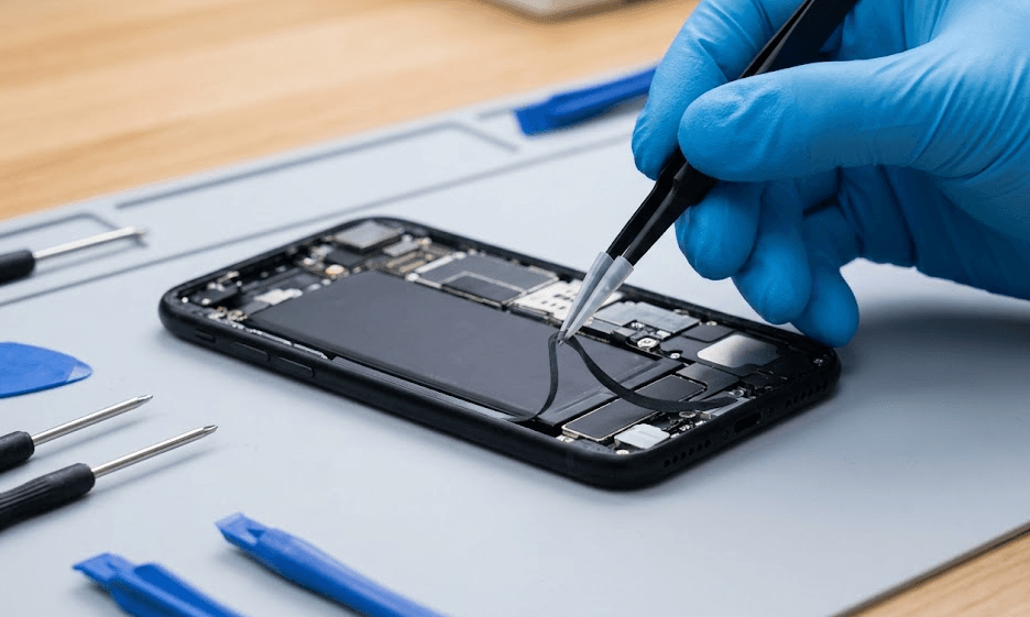 分解されたスマートフォンの筐体の縁に、アジア人作業員が精密ピンセットを使って新しい防水・防塵用接着シーリングテープを慎重に貼り直すクローズアップ写真。内部の基板やバッテリーが見える。