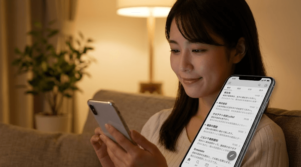 夜間のリビングで、グレースケール設定のスマートフォンを見てリラックスする日本人女性。画面は白黒。