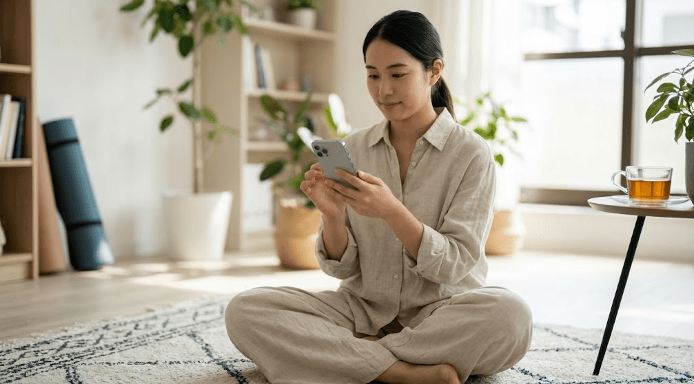 明るく整理された部屋で、グレースケール設定のスマートフォンを穏やかな表情で眺める日本人女性。デジタルデトックスの成功イメージ。